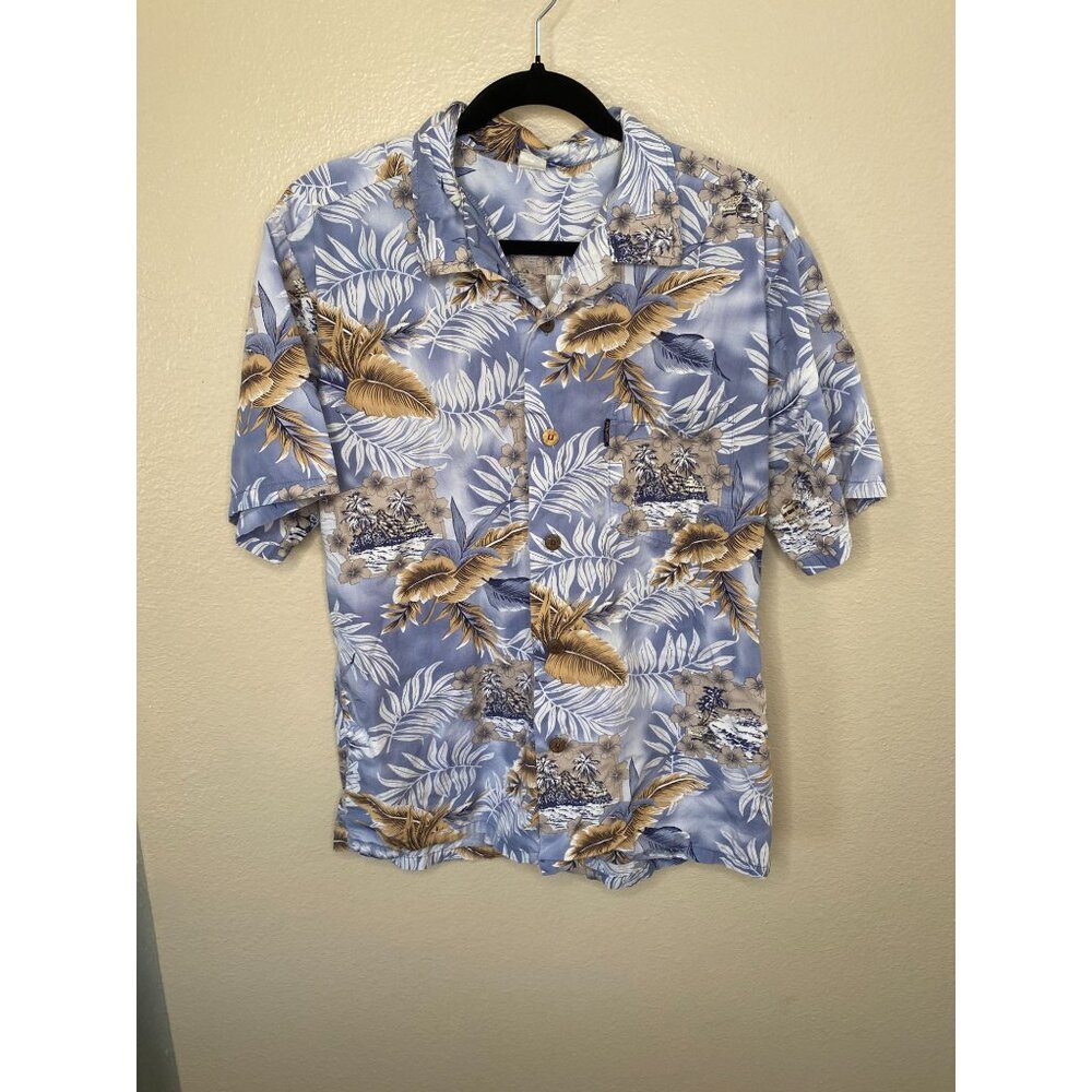 Vintage Mens Blue Hawaiian Short-Sleeve Button-Up Shirt L Cotton Tropical Floral
